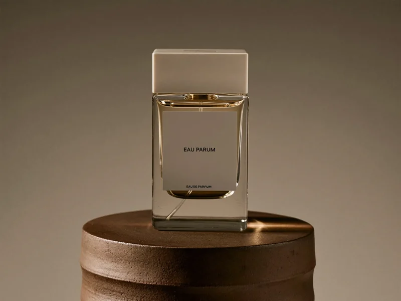 Flakon wody perfumowanej z minimalistycznym kapslem na glinianym cokole